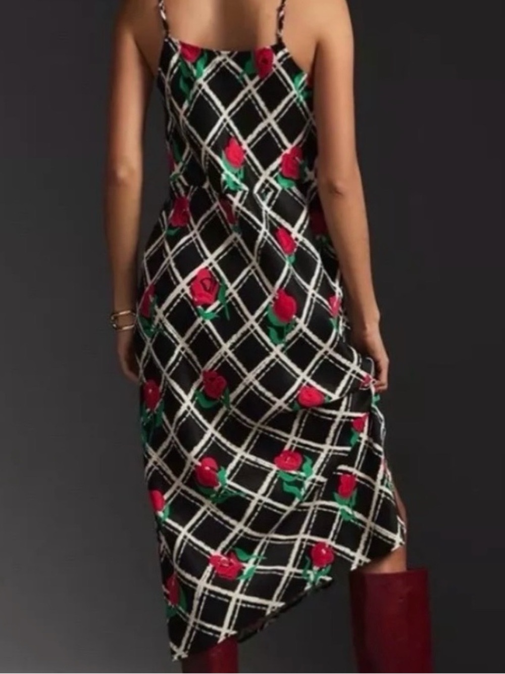 Anthropologie Black Midi Slip Dress with Red Rose Print - Picture 3 of 11